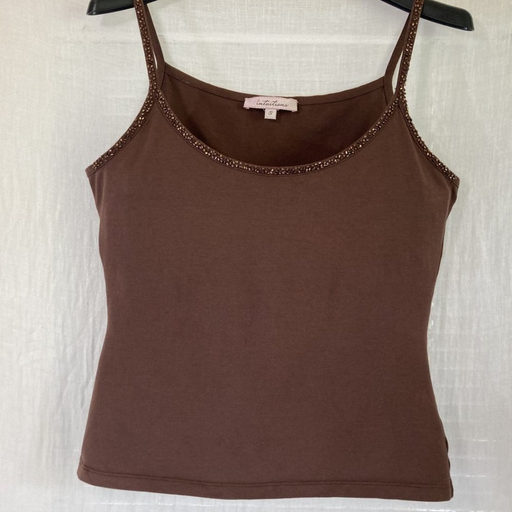 Intuitions chocolate brown beaded embellished stretchy dressy tank top. Size S